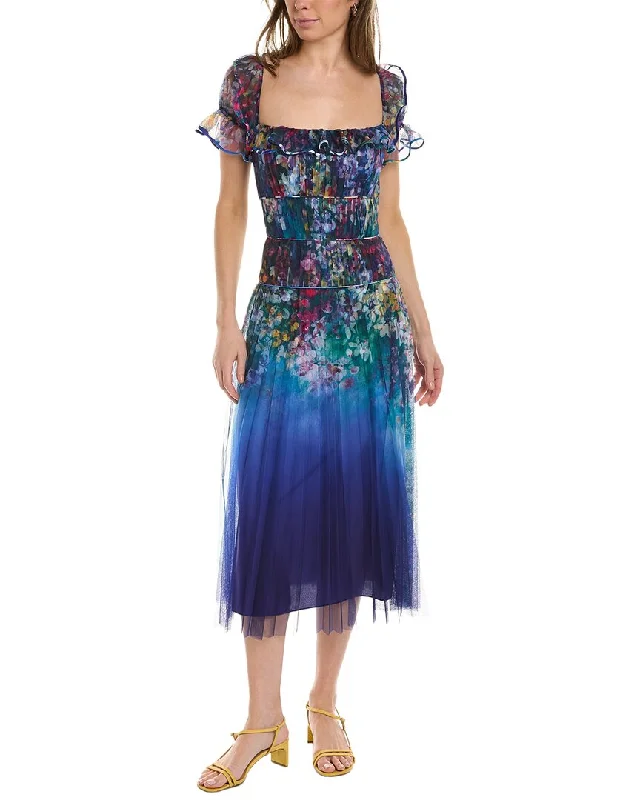 Marchesa Notte Square Neck Midi Dress Comfortable Draped Midi Dress