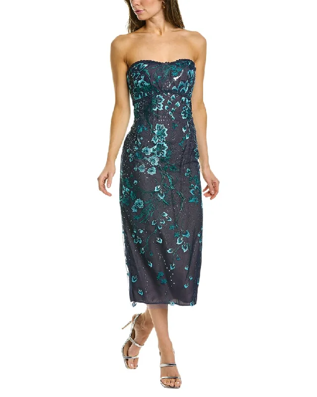 Marchesa Notte Strapless Embroidered Midi Dress Elegant V-Neck Midi Dress
