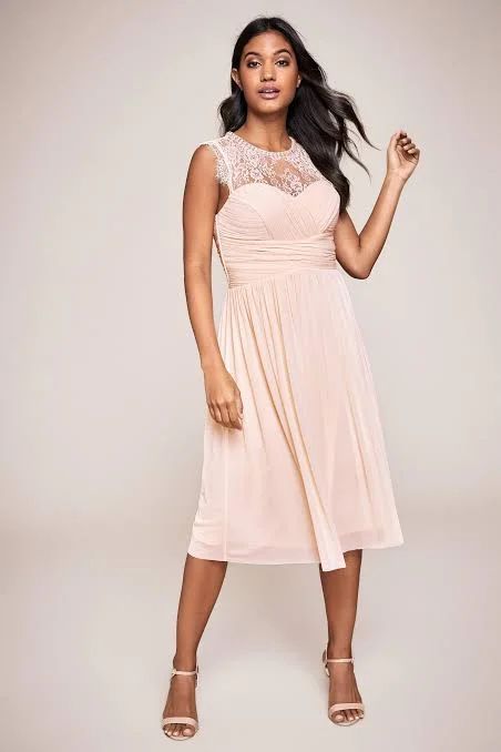 Mesh Embroidered Trim Midi Dress Pink Comfortable Geometric Print Midi Dress