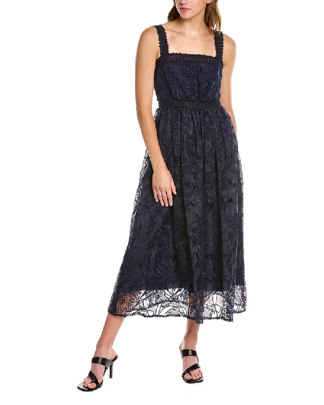ML Monique Lhuillier Lace Midi Dress Trendy Off-Shoulder Ruffle Midi Dress