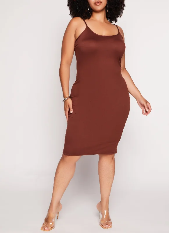 Plus Size Basic Scoop Neck Cami Midi Dress Stylish Midi Dress with Cuffs