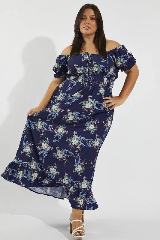 Multi Floral Tie Front Shirred Waist Midi Dress Trendy Fit-and-Flare Midi Dress