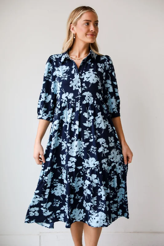 FINAL SALE - My Love Story Navy Floral Midi Dress Stylish Wraparound Midi Dress