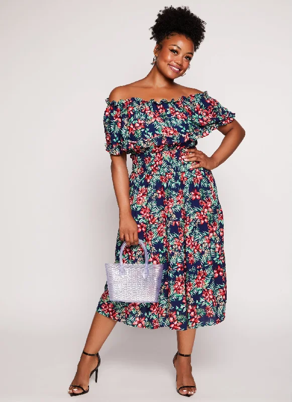 Plus Size Floral Print Overlay Off the Shoulder Midi Dress Trendy Tiered Hem Midi Dress