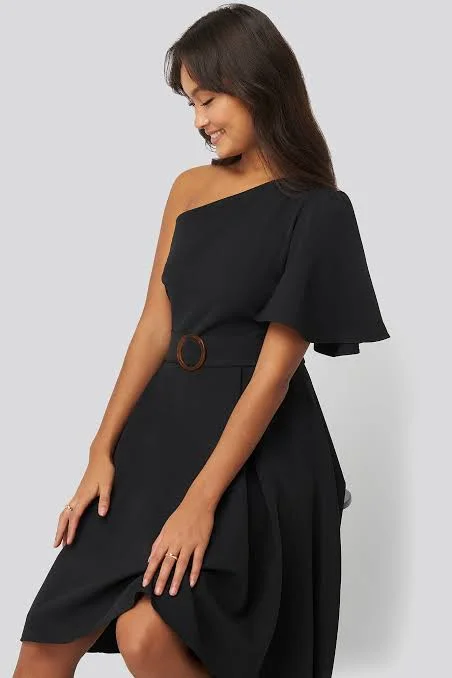 One Shoulder Belted Midi Dress Trendy Knit Midi Dress