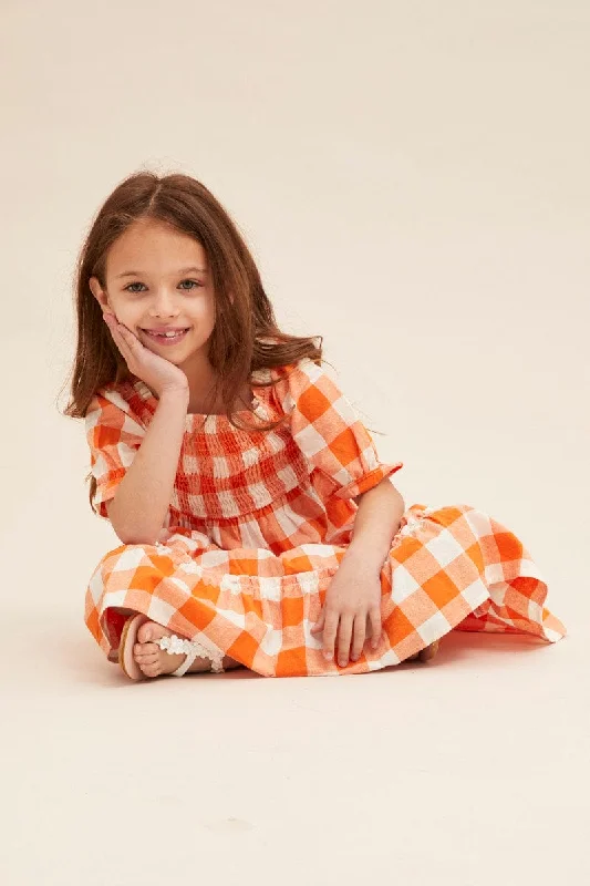 Orange Check Kids Midi Dress Short Sleeve Square Neck Trendy Square Neck Midi Dress