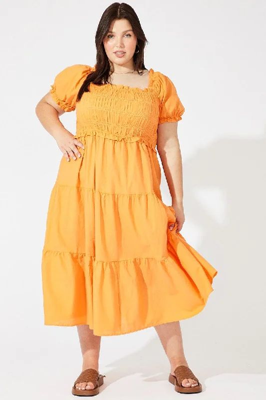 Orange Midi Dress Short Sleeve Shirred Elegant V-Neck Midi Dress