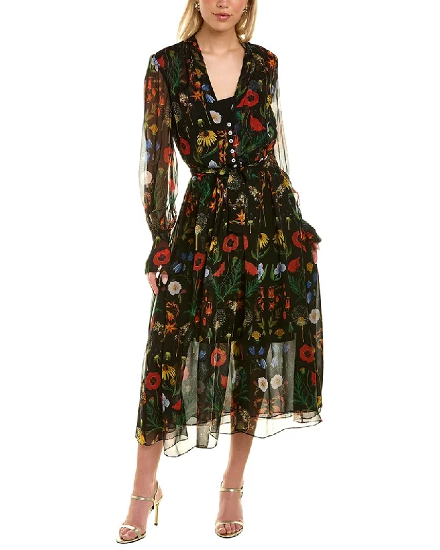 Oscar de la Renta Botanical Chiffon Silk Midi Dress Fashionable Shift Midi Dress