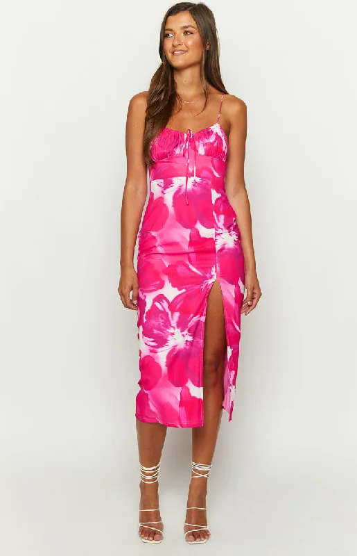 Paloma Pink Print Midi Dress Stylish Color Block Midi Dress