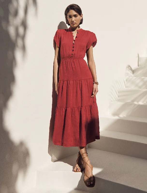 Paloma Tiered Button Front Midi Dress Stylish Pleated Skirt Midi Dress