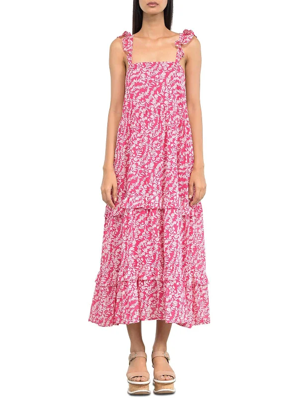 Penelope Womens Cotton Floral Midi Dress Trendy Tiered Hem Midi Dress