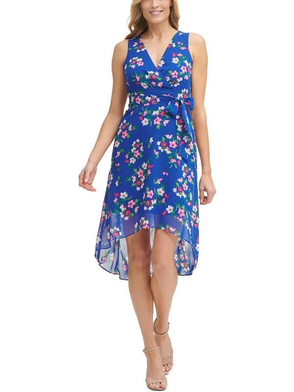 Petites Womens Chiffon Printed Midi Dress Comfortable Deep V Midi Dress