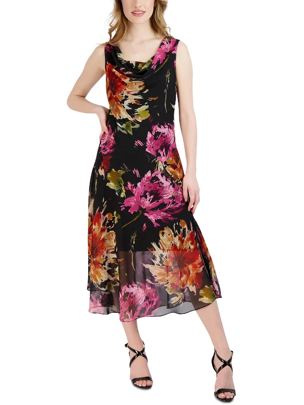 Petites Womens Cowlneck Calf Midi Dress Trendy Floral Wrap Midi Dress