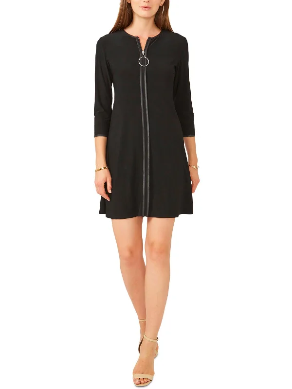 Petites Womens Faux Leather Knee Midi Dress Cozy Wide Strap Midi Dress