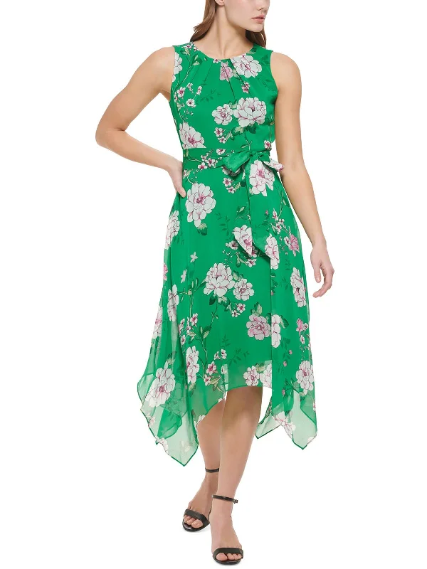Petites Womens Floral Print Mid-Calf Midi Dress Stylish Halter Neck Midi Dress