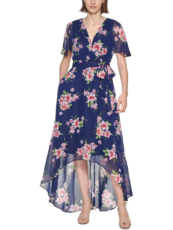 Petites Womens Floral V Neck Midi Dress Fashionable Floral Embroidery Midi Dress