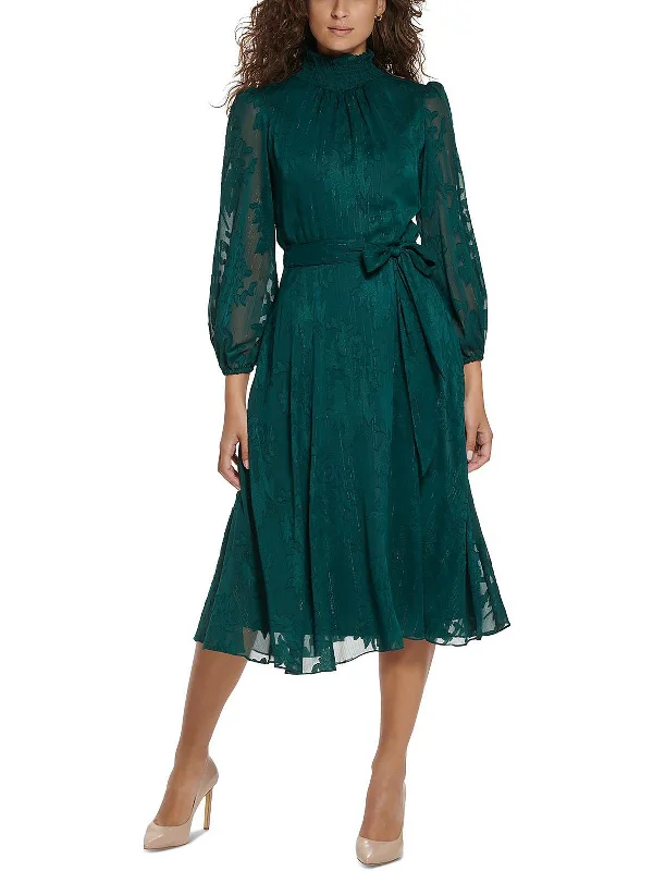Petites Womens Mock Neck Puff Sleeve Midi Dress Chic Bohemian Midi Dress