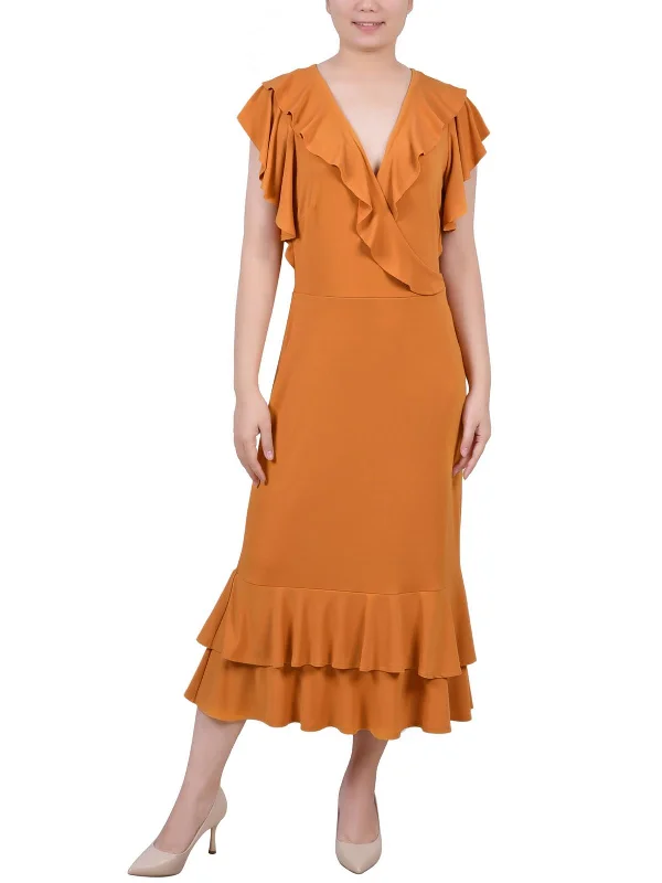 Petites Womens Ruffled A-Line Midi Dress Comfortable Draped Midi Dress