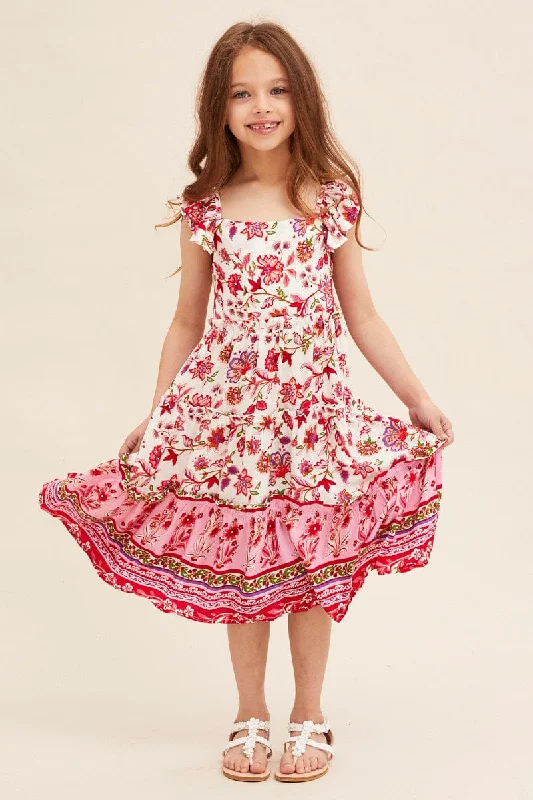 Pink Boho Kids Midi Dress Tiered Trendy Floral Wrap Midi Dress