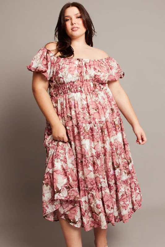 Pink Floral Midi Dress Short Sleeve Ruched Elegant Floral Skirt Midi Dress