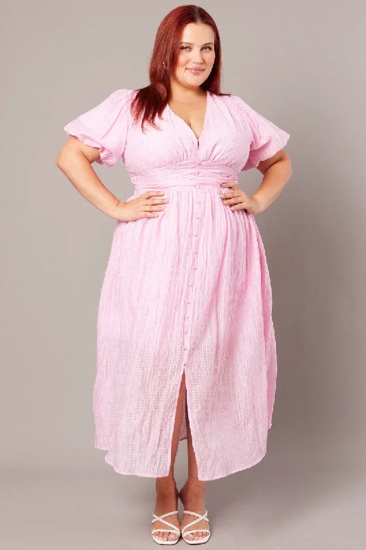 Pink Midi Dress Short Sleeve V-neck Fashionable Plaid Midi Dress