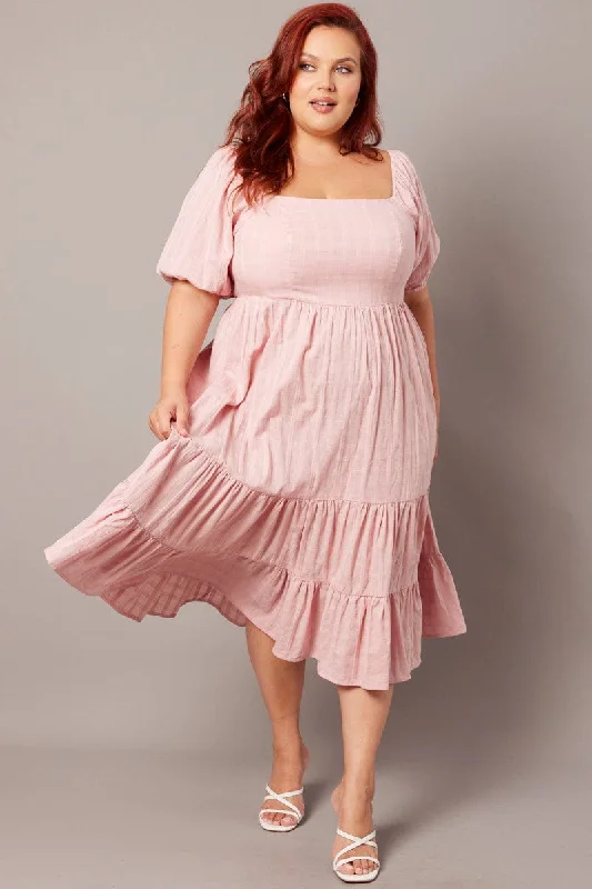 Pink Textured Check Midi Dress Stylish Off-Shoulder Ruffle Dress