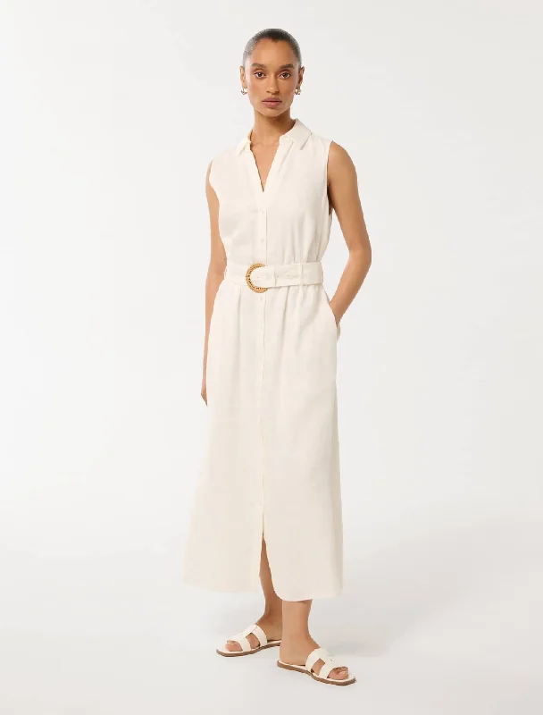 Pippa Petite Collared Button Front Linen Midi Dress Fashionable Wide Leg Midi Dress