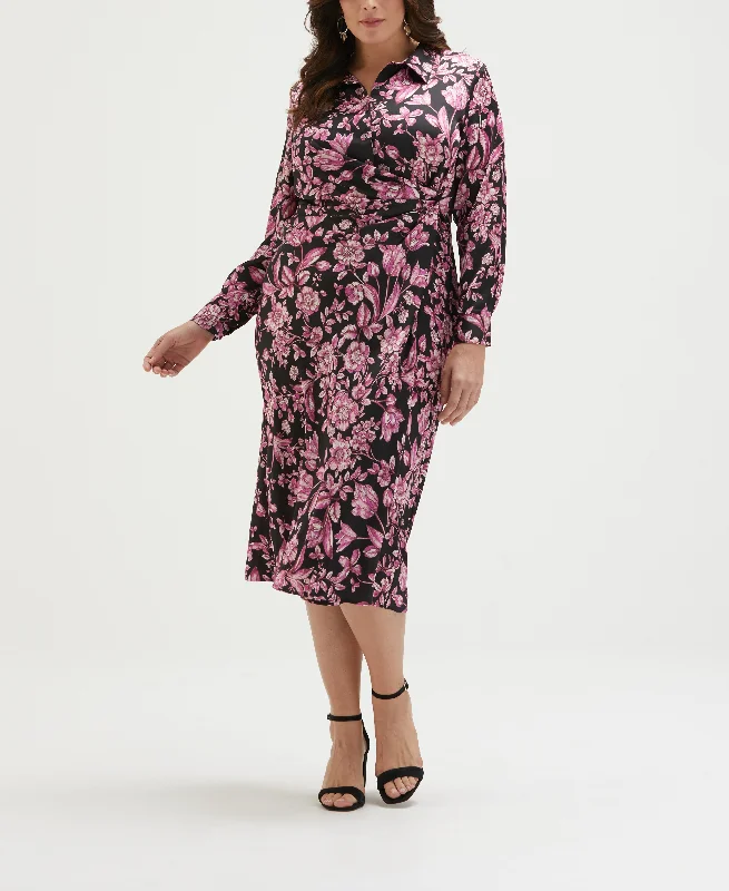 Plus Size Floral Print Gathered Popover Midi Dress Stylish Button-Down Midi Dress