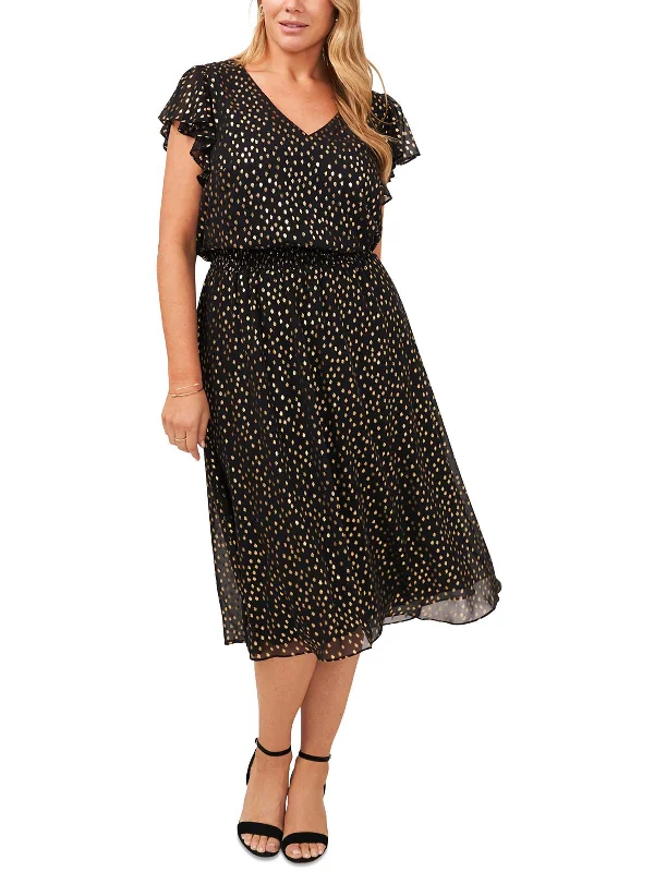 Plus Womens Metallic Long Midi Dress Elegant Floral Appliqué Midi Dress