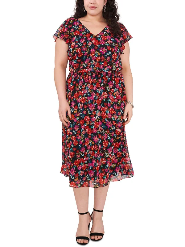 Plus Womens V-Neck Mid-Calf Midi Dress Comfortable Ribbed Midi Dress