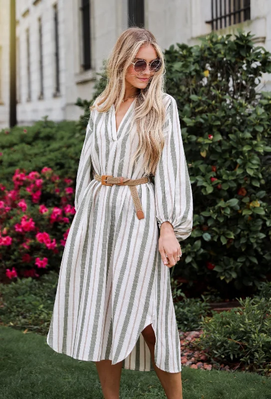 FINAL SALE - Poised Affection Light Olive Striped Midi Dress Comfortable Denim Midi Dress