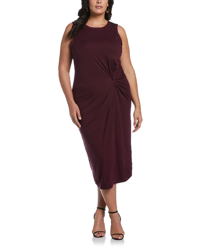 Plus Size Ponte Knit Twist Front Midi Dress Elegant V-Neck Midi Dress