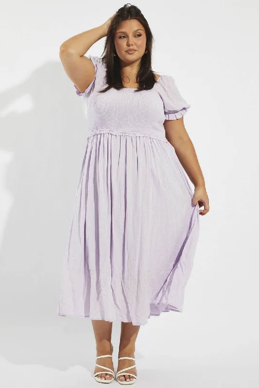 Purple Midi Dress Short Sleeve Shirred Comfortable Adjustable Strap Midi Dress