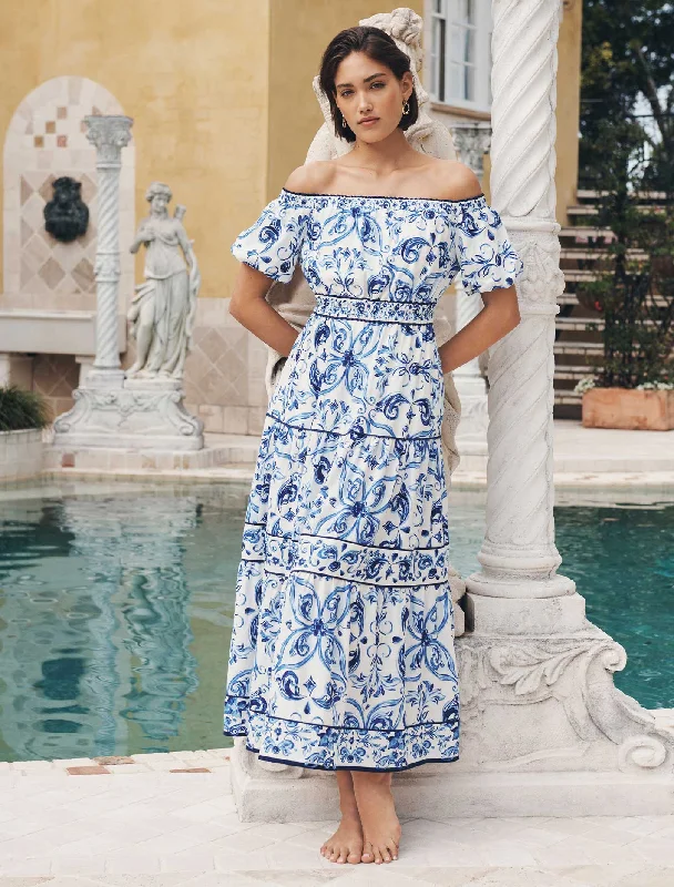 Ravenna Off Shoulder Tiered Midi Dress Comfortable Short Sleeve Midi Dress