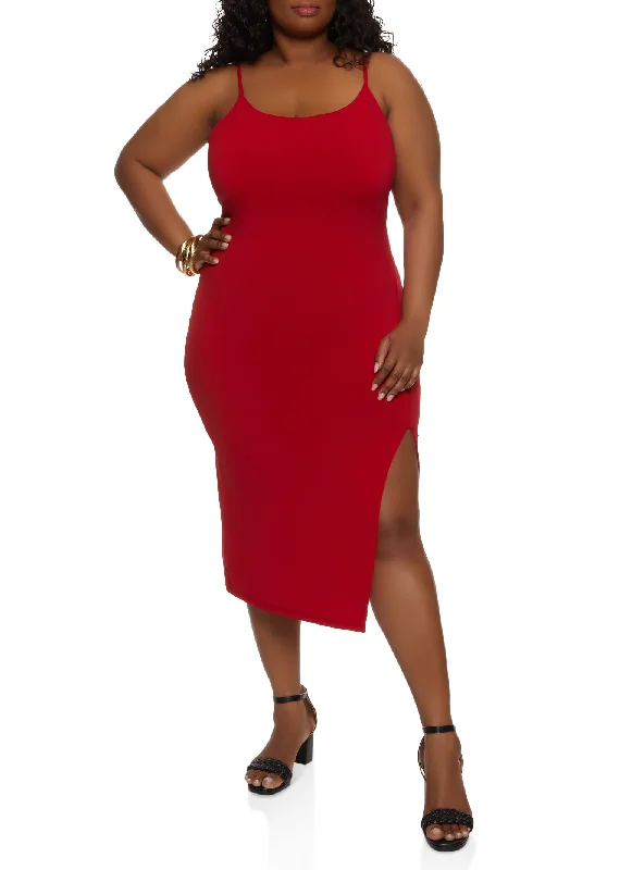 Plus Size Side Slit Cami Midi Dress Cozy T-shirt Midi Dress