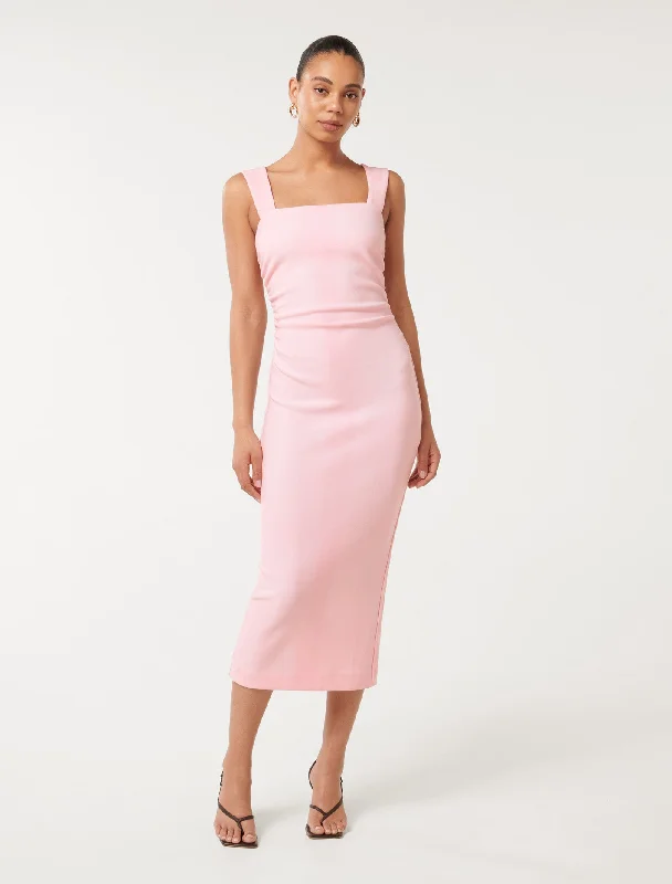 Reina Ruched Bodycon Midi Dress Stylish Midi Dress with Cuffs