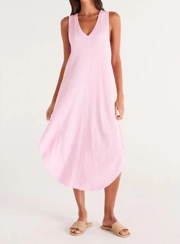 Reverie Midi Dress In Pink Fashionable Sheer Sleeve Midi Dress