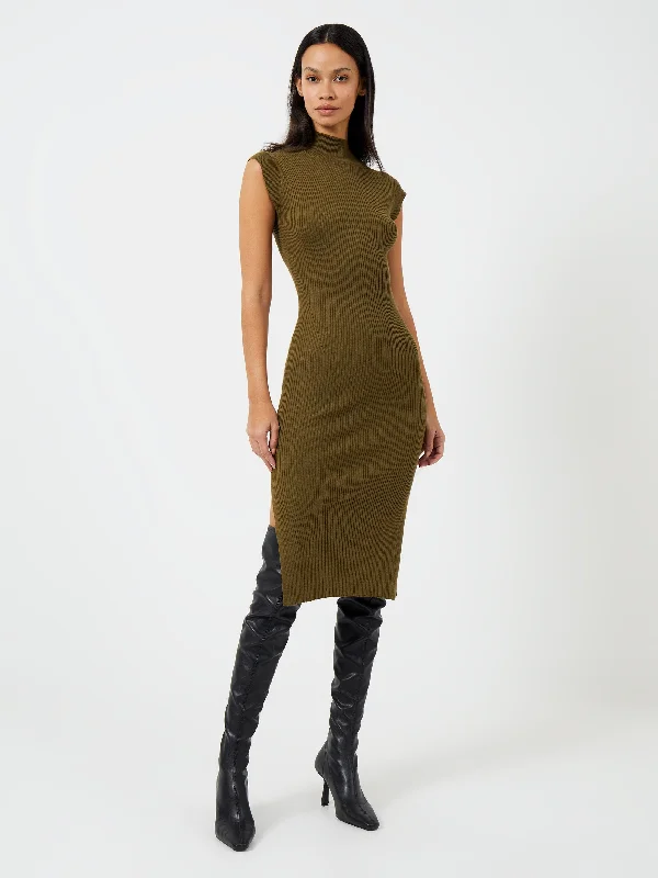 RIBBED FUNNEL NECK SLEEVELESS MIDI DRESS Comfortable Ruched Midi Dress