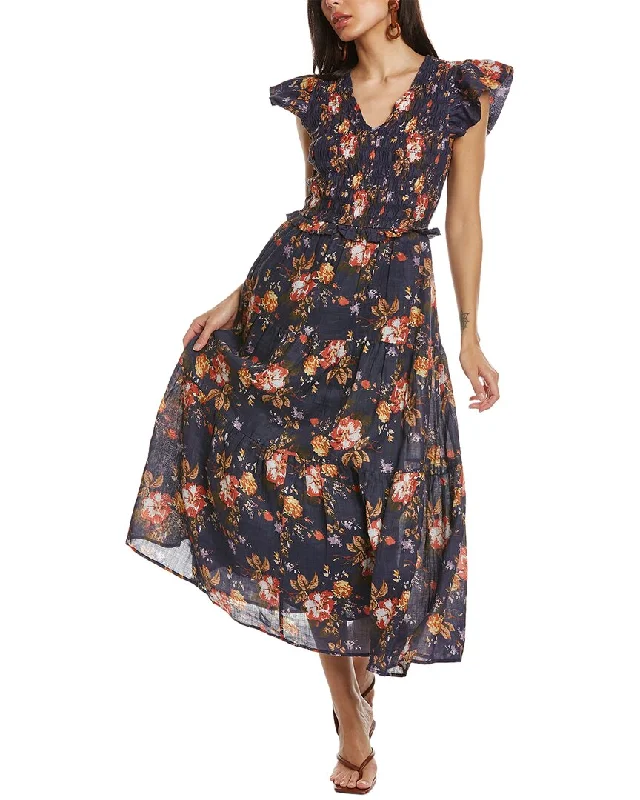 SEA NY Esme Smocked Midi Dress Comfortable Button Front Midi Dress
