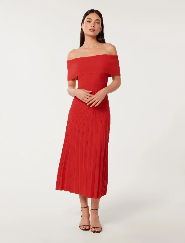 Skye Bardot Knit Midi Dress Trendy Smocked Detail Midi Dress