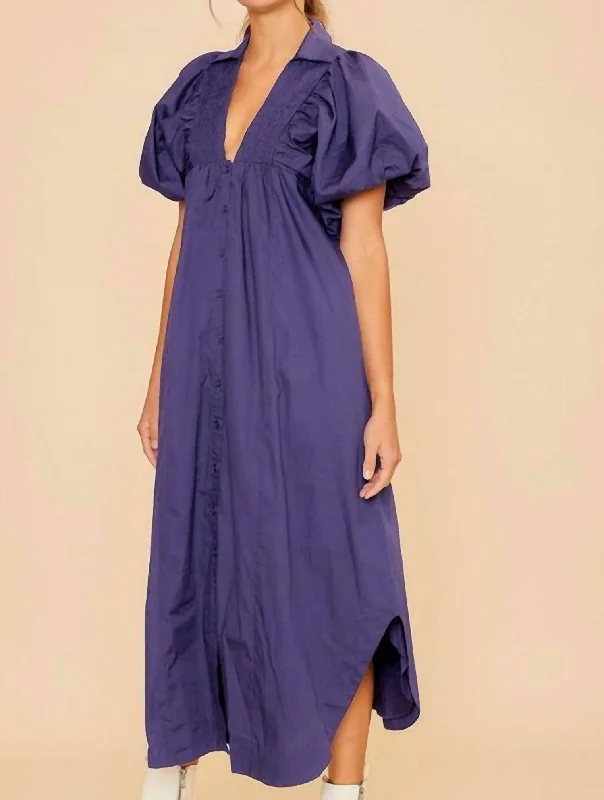 Smock Detail V Neck Puff Sleeve Midi Dress In Periwinkle Elegant V-Neck Midi Dress