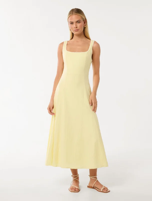 Solene Linen Contrast Whip Stitch Midi Dress Fashionable Chiffon Midi Dress
