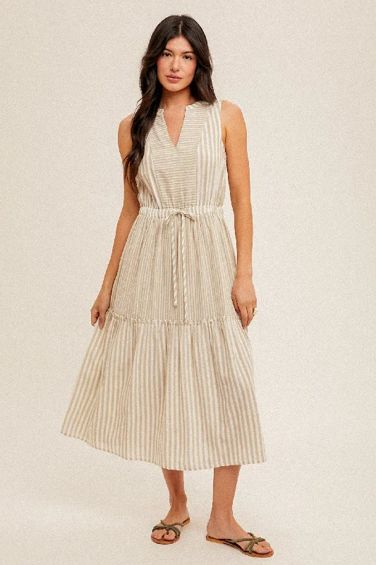 Striped Tie Waist Midi Dress Chic Lace Detail Midi Dress