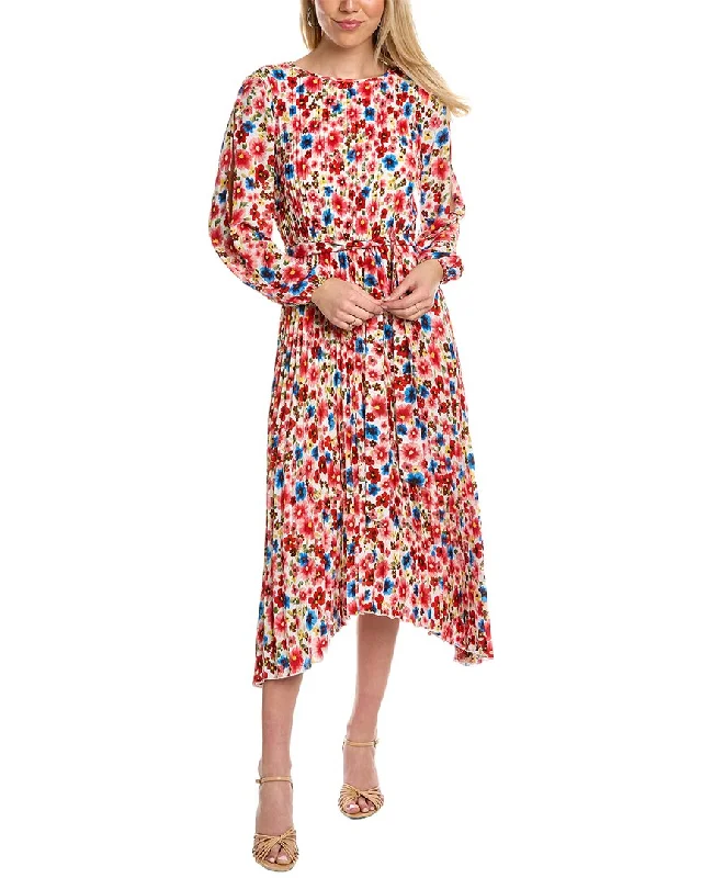 T Tahari Accordion Pleated Chiffon Midi Dress Stylish Long Sleeve Floral Midi Dress