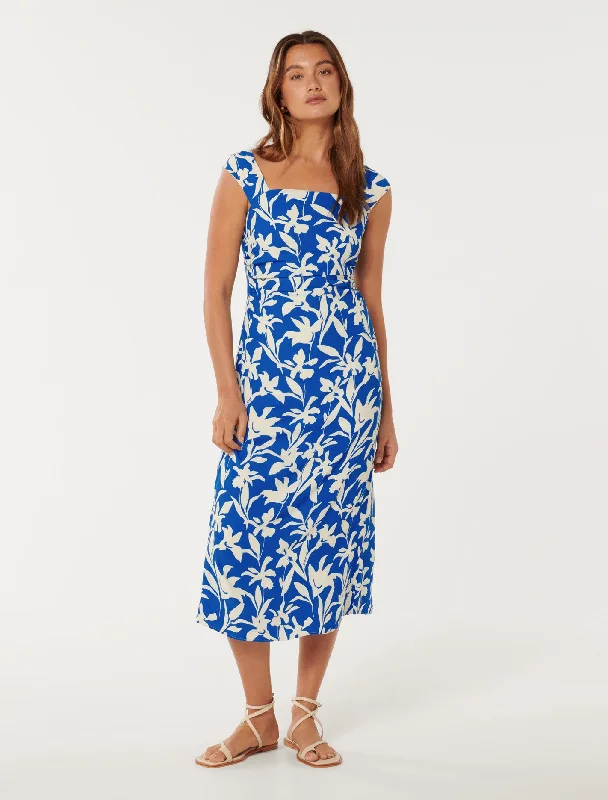 Tasmin Ruched Waist Midi Dress Comfortable Denim Midi Dress