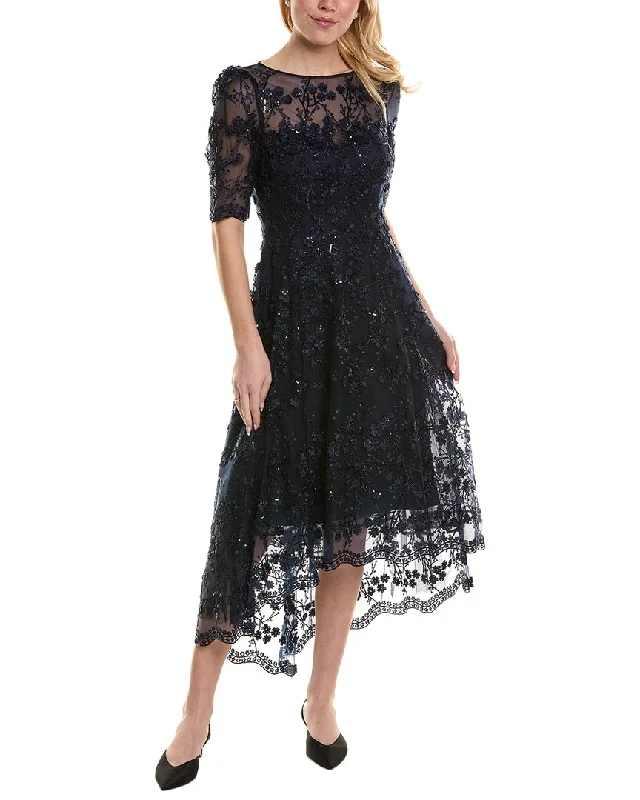 Teri Jon by Rickie Freeman Embroidered Lace Midi Dress Trendy Ruffled Sleeve Midi Dress