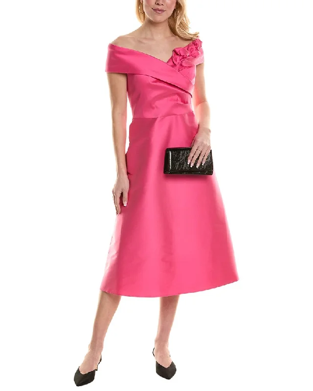 Teri Jon by Rickie Freeman Off-The-Shoulder Midi Dress Elegant Satin Button Midi Dress