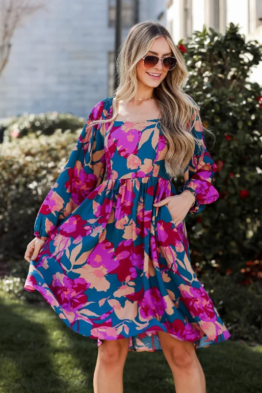 FINAL SALE - Thriving Blossom Teal Floral Midi Dress Fashionable Floral Embroidery Midi Dress