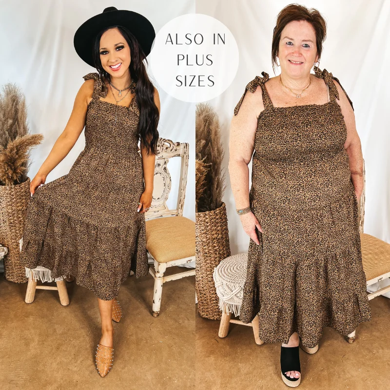 Last Chance Size 3XL | Fated For Love Tiered Midi Dress with Smocked Bodice in Leopard Print Stylish Silk Midi Dress