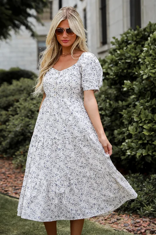 FINAL SALE - True Charm White Tiered Floral Midi Dress Elegant Puff Sleeve Midi Dress